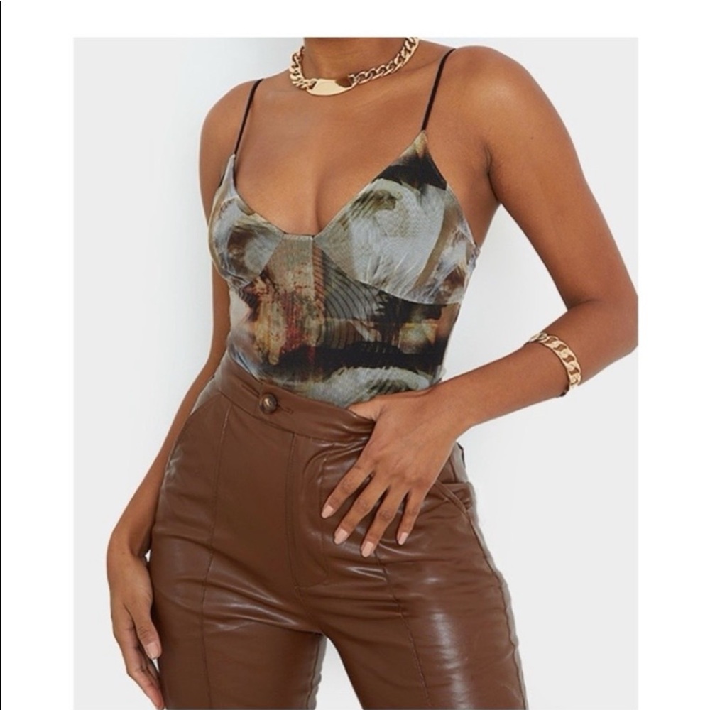 Nude Mesh Abstract Renaissance Print Cup Detail Bodysuit